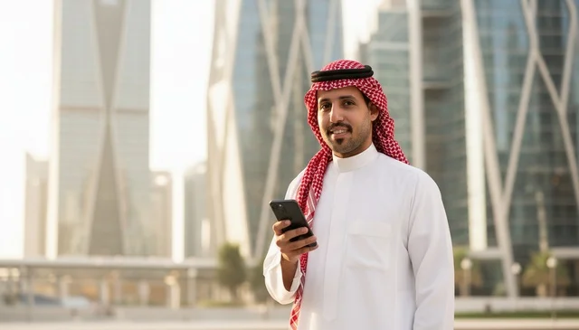 رجل سعودي مع هاتف ذكي في المركز المالي بالرياض