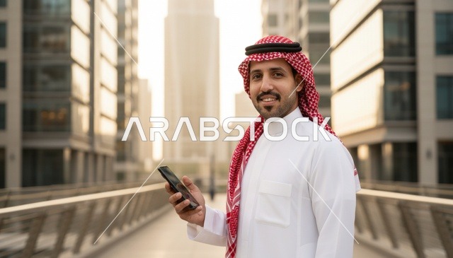 رجل سعودي مع هاتف ذكي في بيئة مدينة حديثة
