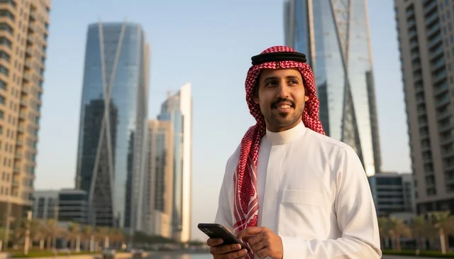 رجل سعودي يستخدم الهاتف الذكي في مدينة حديثة