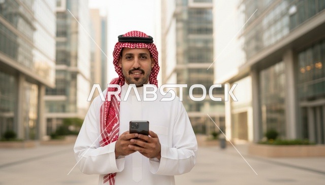 رجل سعودي يحمل هاتفاً ذكياً في منطقة أعمال