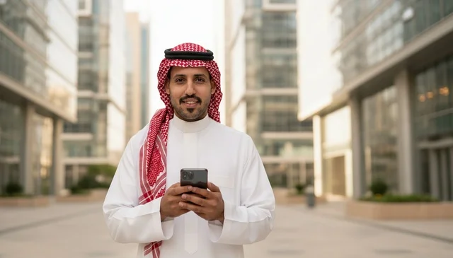 Saudi Man with Smartphone in Urban Business District