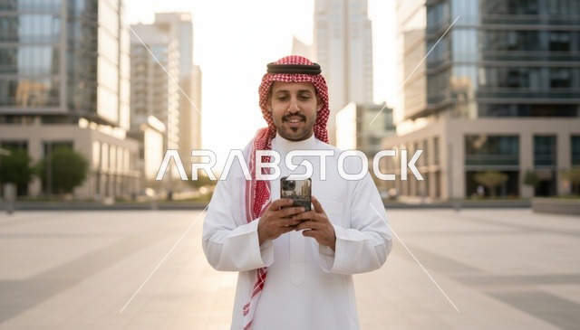 رجل سعودي يستخدم الهاتف الذكي في منطقة أعمال حديثة