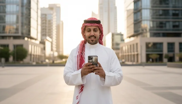 رجل سعودي يستخدم الهاتف الذكي في منطقة أعمال حديثة