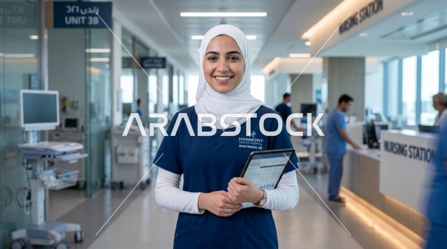 ممرضة عربية محجبة مع جهاز لوحي في مستشفى حديث