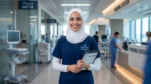 ممرضة عربية محجبة مع جهاز لوحي في مستشفى حديث