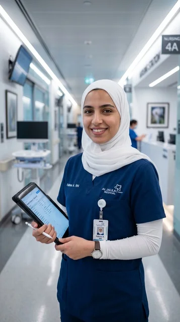 ممرضة عربية محجبة في مستشفى متطور مع جهاز لوحي ممرضة عربية محجبة في مستشفى متطور مع جهاز لوحي