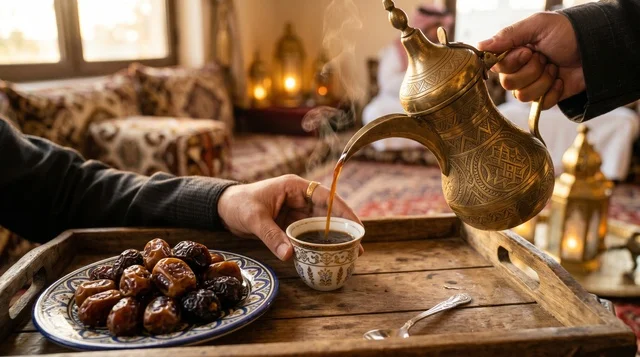 صب القهوة العربية السعودية التقليدية في المجلس العربي