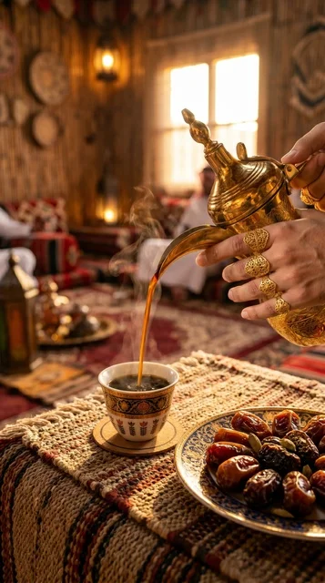 صب القهوة العربية السعودية في مجلس تقليدي