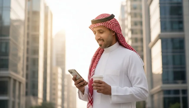 رجل سعودي يستخدم الهاتف الذكي في مدينة حديثة