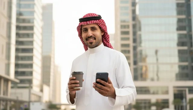 Saudi Man in Modern City with Smartphone