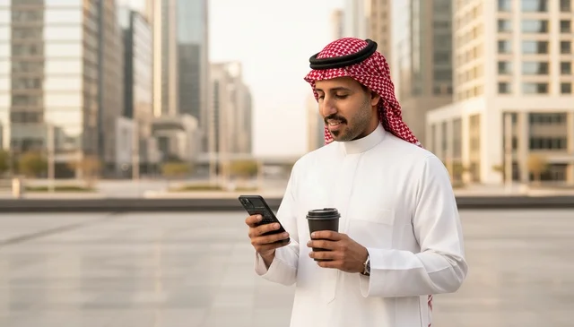 رجل أعمال سعودي مع هاتف ذكي وقهوة في المدينة