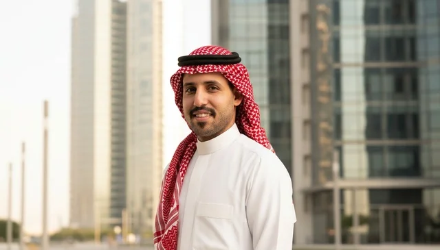 Saudi Man in Traditional Attire with City Skyscrapers