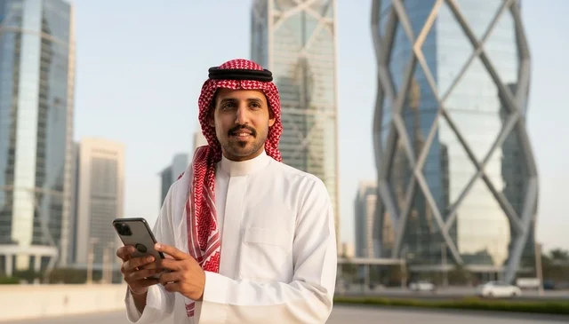 رجل سعودي بالزي التقليدي مع هاتف في الرياض