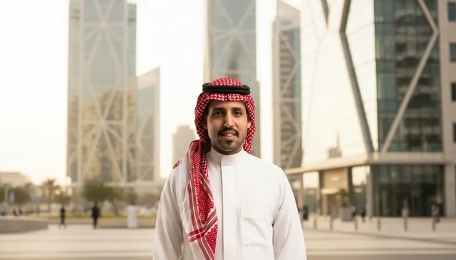 Saudi Man in Traditional Dress with City Skyscrapers