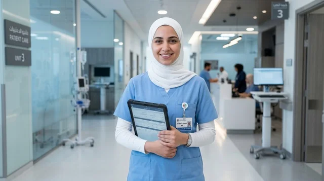 ممرضة عربية محجبة في مستشفى حديث متطور