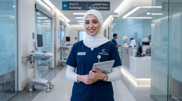 ممرضة عربية محجبة في ممر مستشفى حديث