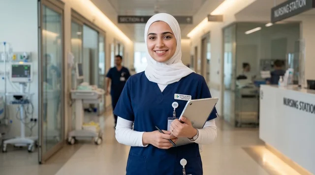 ممرضة عربية محجبة مبتسمة في ممر مستشفى حديث متطور