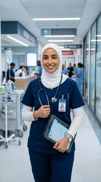 ممرضة عربية محجبة تحمل جهاز لوحي في مستشفى حديث