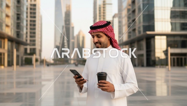 رجل سعودي مع هاتف ذكي وقهوة في المدينة