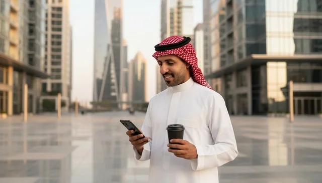 رجل سعودي مع هاتف ذكي وقهوة في المدينة