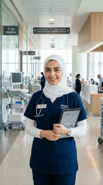 ممرضة عربية محجبة تحمل جهاز لوحي في مستشفى