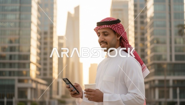 رجل سعودي مع هاتف ذكي في منطقة أعمال حديثة