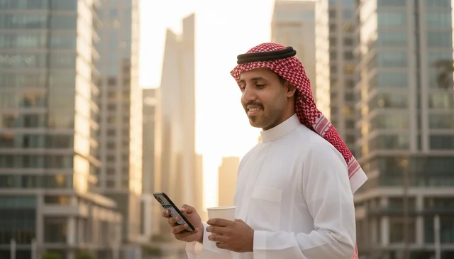 Saudi Man with Smartphone in Modern Business District