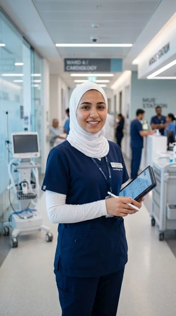 Arab Hijabi Nurse in Modern Hospital with Tablet