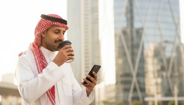 Saudi Man in Thobe with Coffee and Smartphone