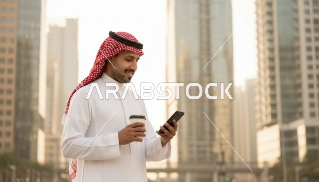 رجل سعودي يستخدم الهاتف الذكي في مدينة حديثة