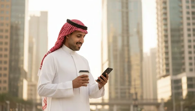 رجل سعودي يستخدم الهاتف الذكي في مدينة حديثة