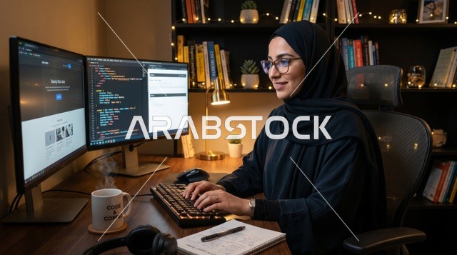 مبرمجة عربية محجبة تعمل في مكتبها المنزلي ليلاً