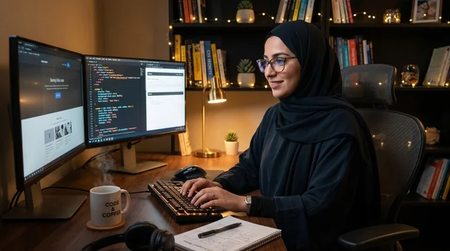 Muslim Hijabi Programmer Coding in Home Office at Night
