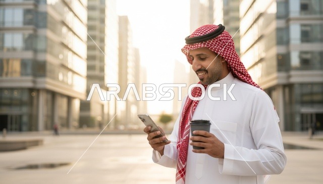 رجل أعمال سعودي يستخدم الهاتف والقهوة في المدينة
