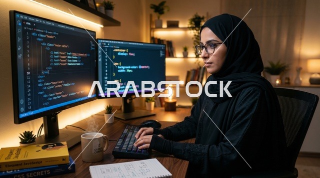 مبرمجة عربية محجبة تعمل على الأكواد في مكتب منزلي