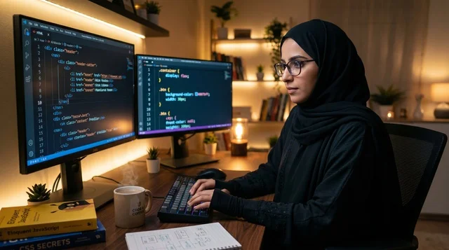 مبرمجة عربية محجبة تعمل على الأكواد في مكتب منزلي