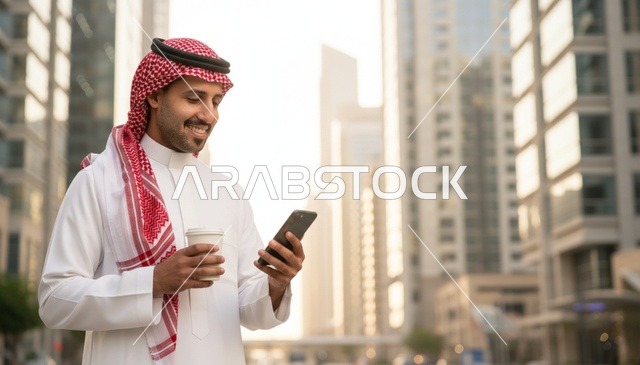 رجل سعودي يستخدم الهاتف في مدينة حديثة