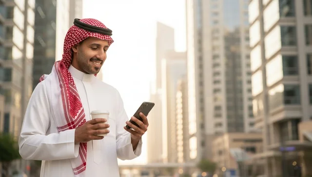 Saudi Man with Smartphone and Coffee in Modern City