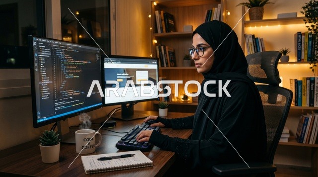 مبرمجة عربية محجبة تعمل في مكتب منزلي على تطوير المواقع