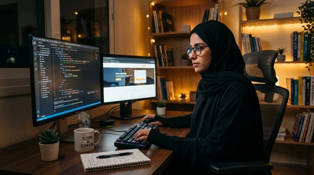 Arab Woman Web Developer Working at Home Office Desk