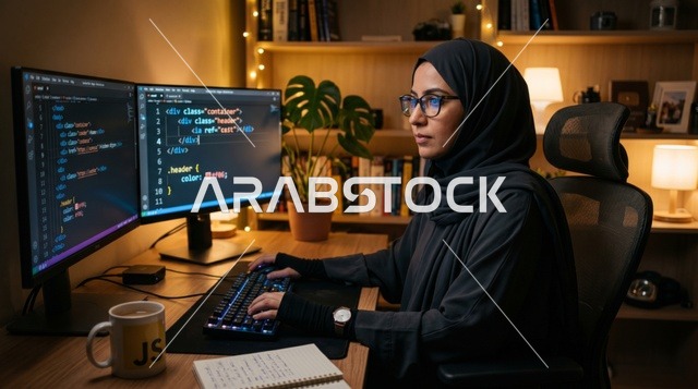مبرمجة عربية محجبة تعمل في مكتبها المنزلي