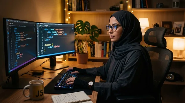 Arabic Woman Hijab Programmer Working in Home Office