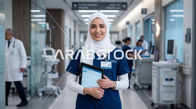 ممرضة عربية مع جهاز لوحي في مستشفى حديث
