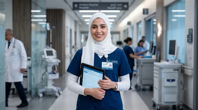 ممرضة عربية مع جهاز لوحي في مستشفى حديث
