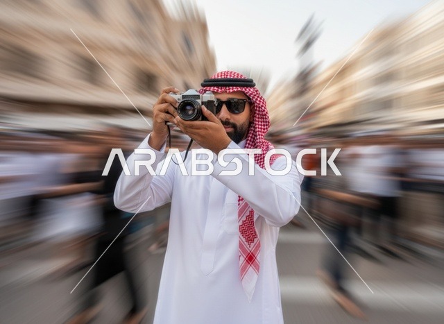 Saudi Man with Camera in Busy City Square
