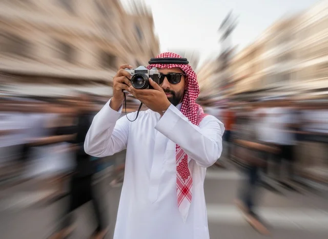 رجل سعودي مع كاميرا في ساحة مدينة مزدحمة