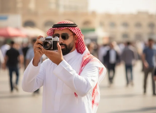 رجل سعودي بالزي التقليدي يستخدم كاميرا تصوير فوتوغرافي