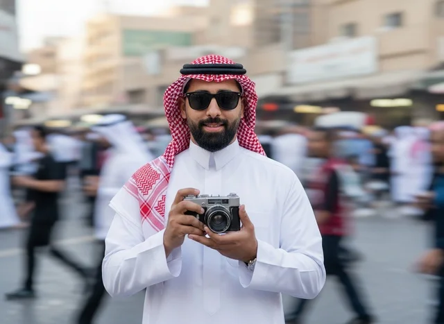 Saudi Man in Traditional Thobe Holding Vintage Camera