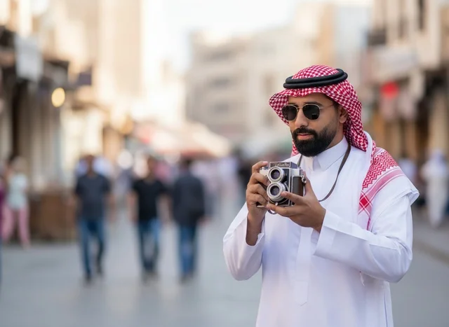 Saudi Man Holding Vintage Camera in Traditional Thobe