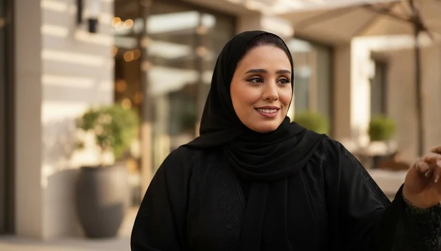 Saudi Woman in Black Abaya Smiling in Outdoor Courtyard